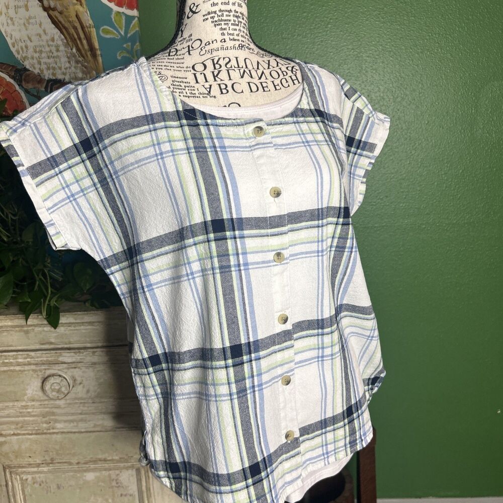 Canyon Guide Plaid Blue Boxy Cotton Sleeveless Top Medium Basic Butter Country